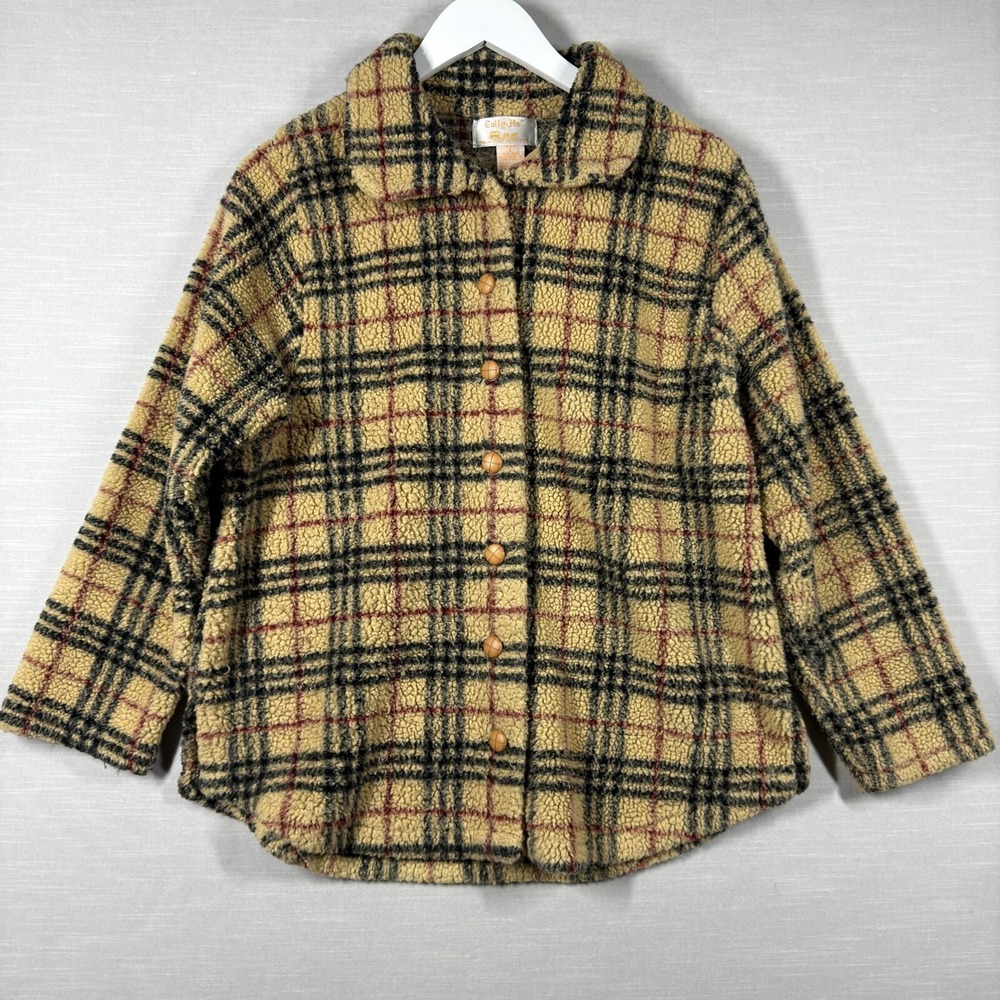 Vintage Tally Ho Jacket Womens Large Plaid Beige Fleece Cottage Core Boho Cozy